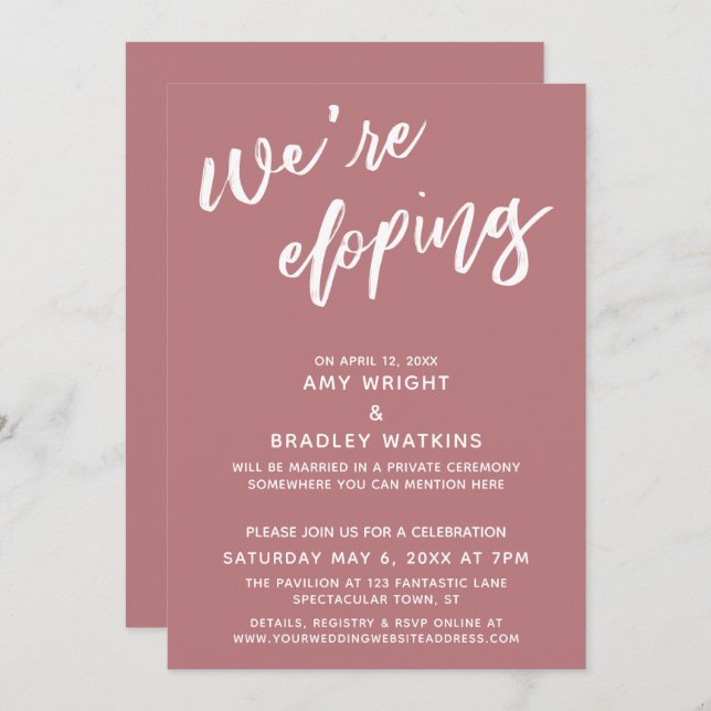 Convite Estamos Elopando Script Simples de Rosa Dusty (Frente/Verso)