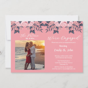 Convite estamos engajados rosa floral com foto