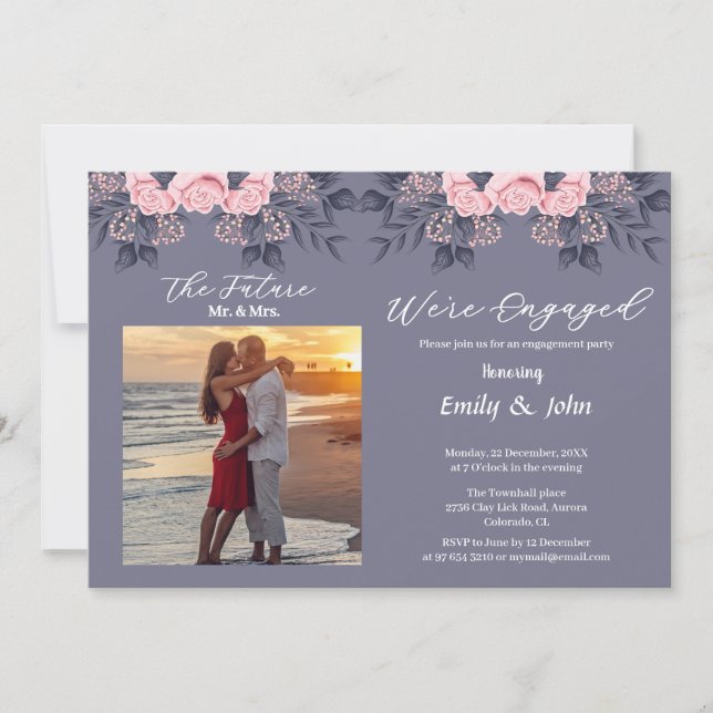 Convite estamos engajados rosa floral com foto (Frente)