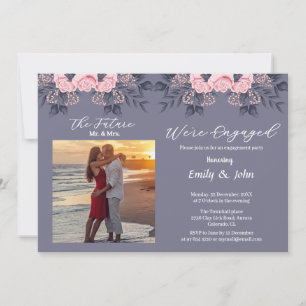 Convite estamos engajados rosa floral com foto