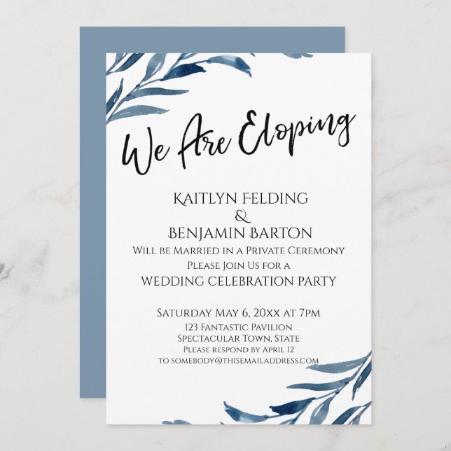 Convite Estamos Fugindo Folhas Pintadas de Azul Recepção A (Frente/Verso)