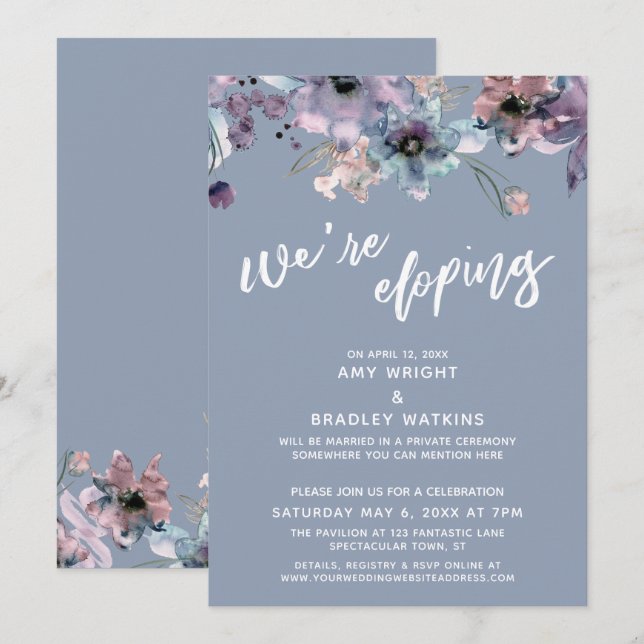 Convite Estamos Fugindo Roteiro Flores Aquarela Azul Poeir (Frente/Verso)