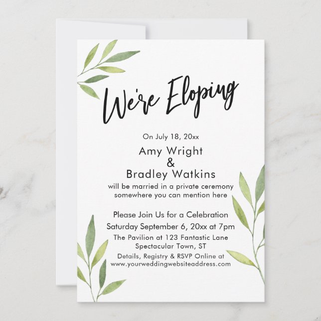 Convite Estamos Fugindo Tipografia, Folhagem Aquarela Verd (Frente)