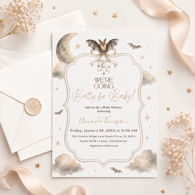 Convite Estamos Loucos pelo Chá de Bebê Morcego Lua (Elegant neutral bat baby shower invitation with watercolor moon, clouds and golden stars.)