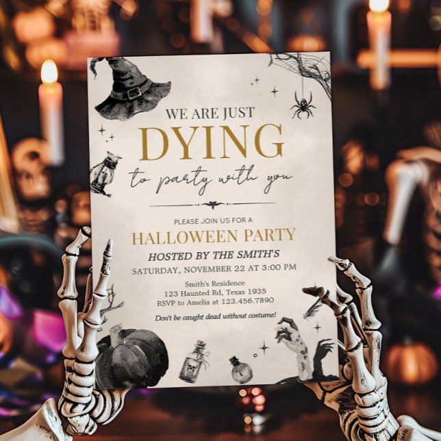 Convite Estamos morrendo na festa do Dia das Bruxas Gótico (We're Dying to Party Halloween Party Invitation)