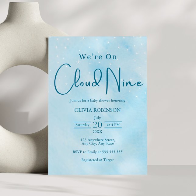 Convite Estamos no Chá de fraldas Azul da Nuvem 9 Dreamy S (We're On Cloud 9 Dreamy Sky Blue Boy Baby Shower Invitation  )