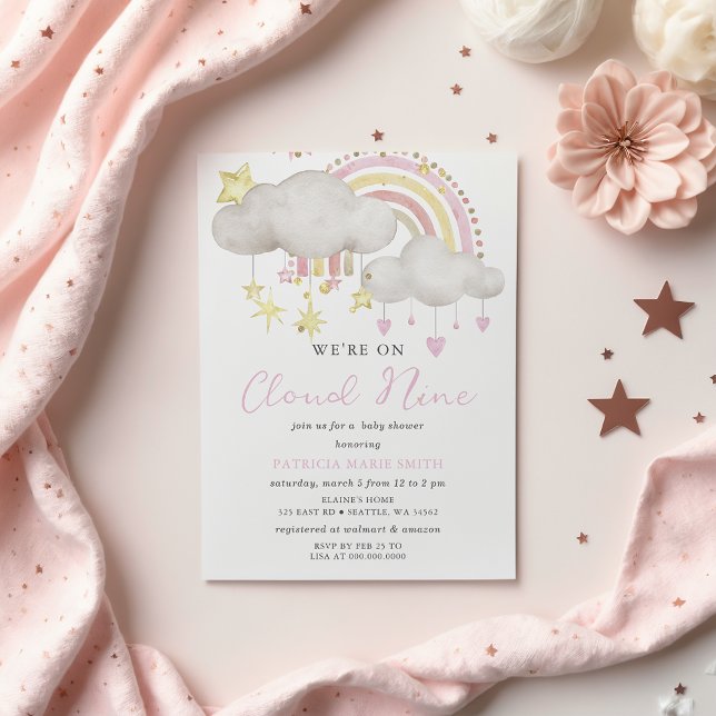 Convite Estamos no Chá de fraldas Cloud Nine Baby Girl (We are on Cloud Nine Baby Girl Baby Shower Invitation)