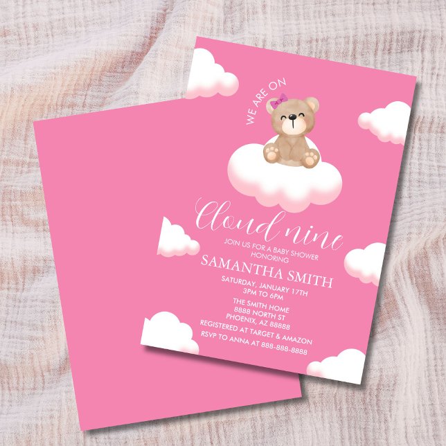 Convite Estamos no Chá de fraldas do Urso Nino Rosa da Nuv (Minimalist pink baby shower invitation with smiling teddy bear sitting on fluffy white clouds)