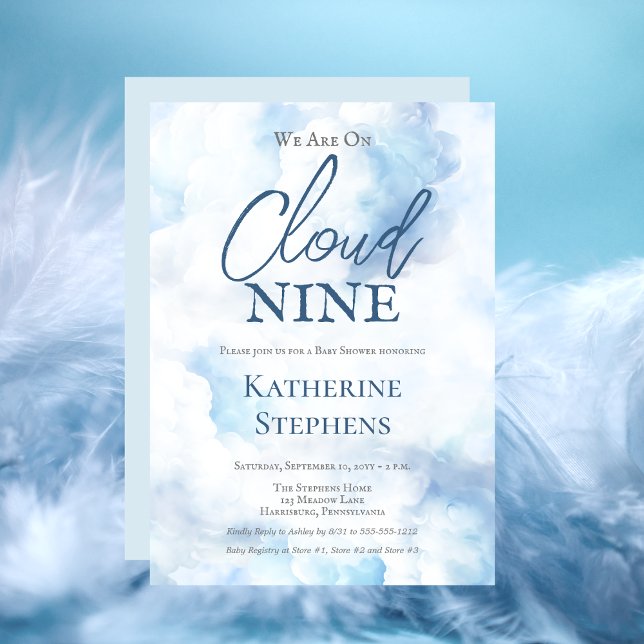 Convite Estamos No Chá de fraldas Nine Blue Boy ("We Are On Cloud Nine" Blue Watercolor Boy Baby Shower Invitation)