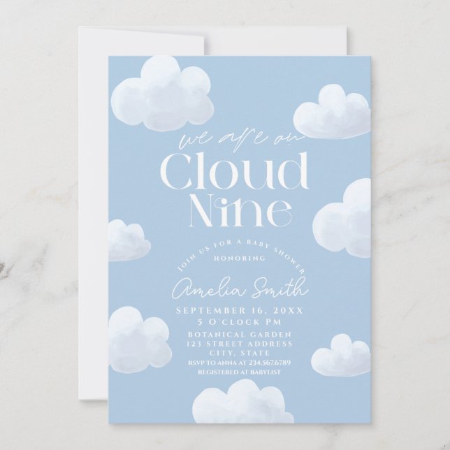 Convite Estamos no Cloud Nine Modern Blue Cloud Chá de fra (Frente)