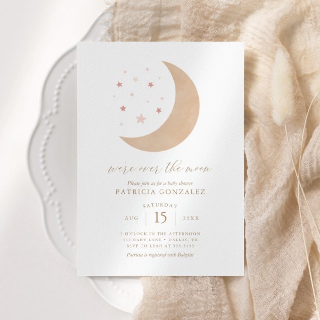 Convite Estamos sobre a Lua Rosa Dourada Chá de fraldas In (Criador carregado)