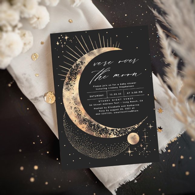 Convite Estamos sobre o Chá de fraldas da Lua (Starry Night and Moon Black Baby Shower Invitations)