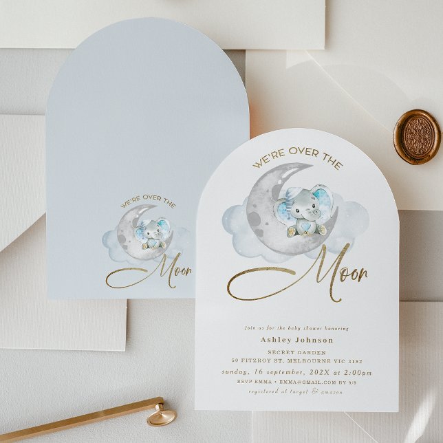 Convite Estamos sobre o Chá de fraldas do Elefante da Lua (Boys Over The Moon Baby Shower Invitation Arched Elephant Baby Shower Invitation, Elephant on Moon)