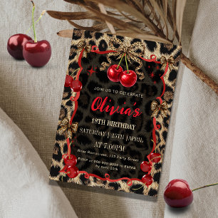 Convite Estampa de Leopardo Cereja Selvagem Glam Aniversár