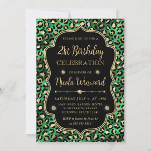 Convite Estampa de Leopardo Glamour Dourado Verde Preto An