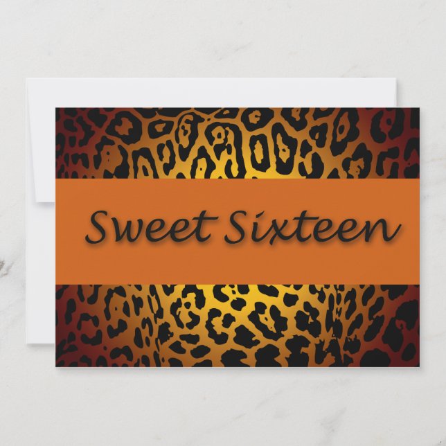 Convite Estampa de leopardo, laranja e preto Sweet Sixteen (Frente)