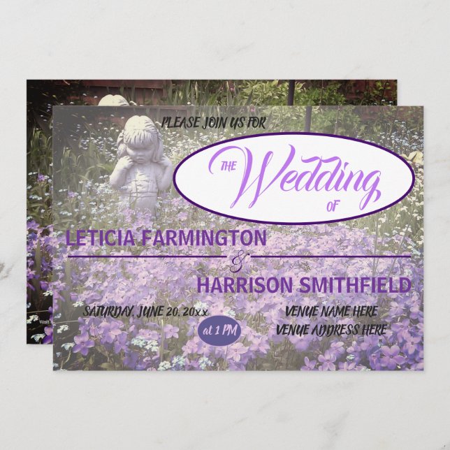 Convite Estátua feminina com phlox violeta azul esquecendo (Frente/Verso)