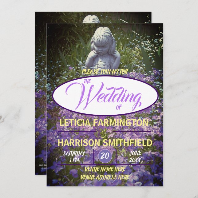 Convite Estátua feminina com phlox violeta azul esquecendo (Frente/Verso)