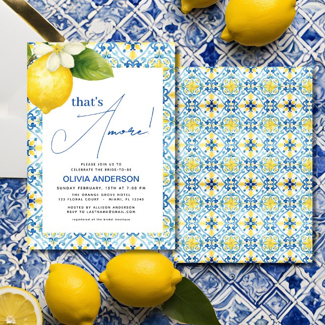 Convite Este é Amore italiano Lemon Blue Azulejo Chá de pa (Criador carregado)