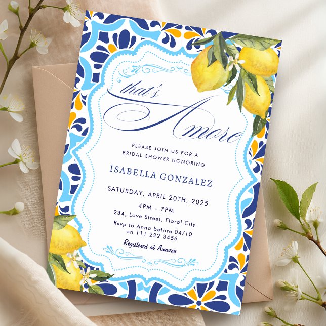 Convite Este é o Chá de panela Amore italiano Majolica Azu (That's Amore Italian Majolica Tiles Bridal Shower Invitation)
