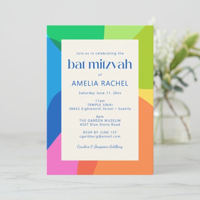 Convite Estética Moderna Bat Mitzvah Geométrica Colorida (Em pé/Frente)