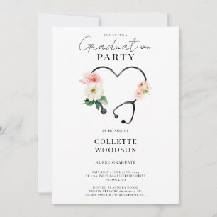 Convite Estetoscópio Floral Elegante Formatura de Enfermei