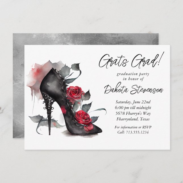 Convite Estilettos De Moda Gótica Com Graduação De Rosas v (Frente/Verso)