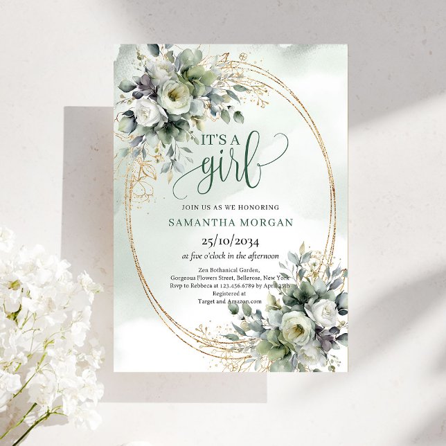 Convite Estilo Aguarela Verde É Uma Menina (Watercolor Greenery Style It’s A Girl Invitation)