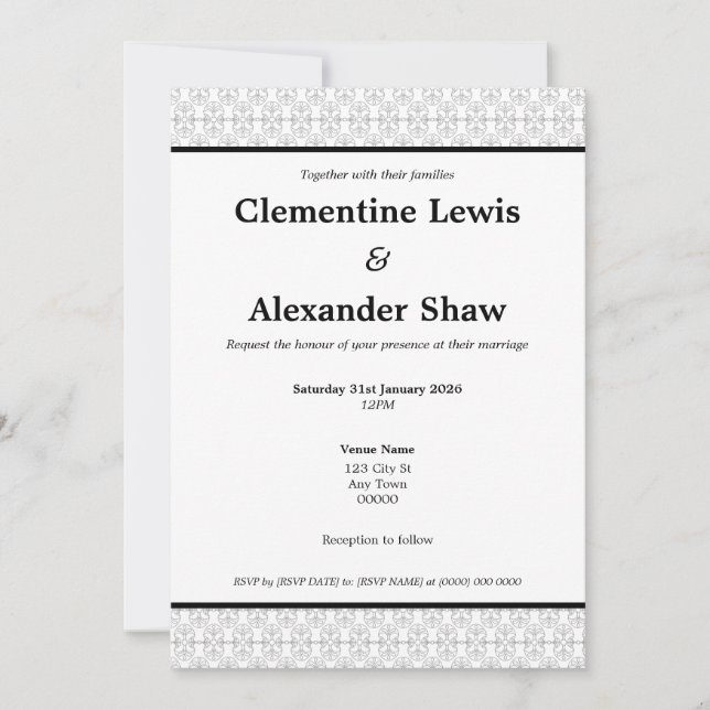 Convite Estilo Art Déco Elegante Preto e Branco (Frente)