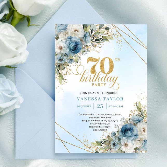 Convite Estilo boêmio flores azuis douradas 70º aniversári (Stylish bohemian blue florals gold 70th birthday invite

)