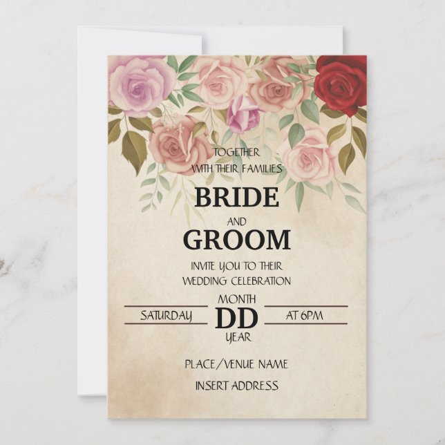 Convite Estilo Clássico Shabby Chic Rosas Vermelhas e Rosa (Frente)