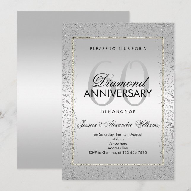Convite Estilo Confete de Prata Bodas de Diamante 60º (Frente/Verso)