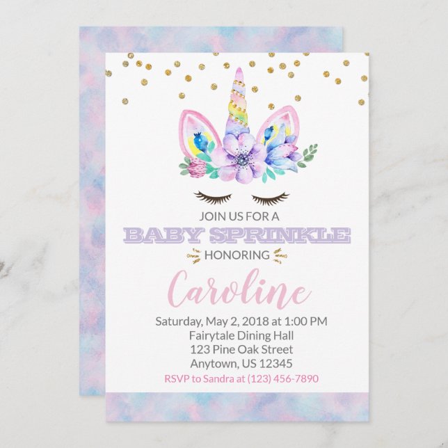 Convite Estilo de Aquarela Púrpura Rosa Unicorn Bebê Espri (Frente/Verso)