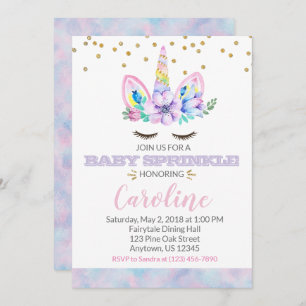 Convite Estilo de Aquarela Púrpura Rosa Unicorn Bebê Espri