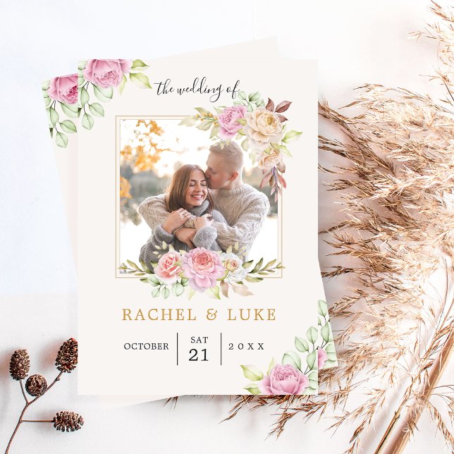 Convite Estilo de Casamento Floral da FOTO de Champanhe (Criador carregado)