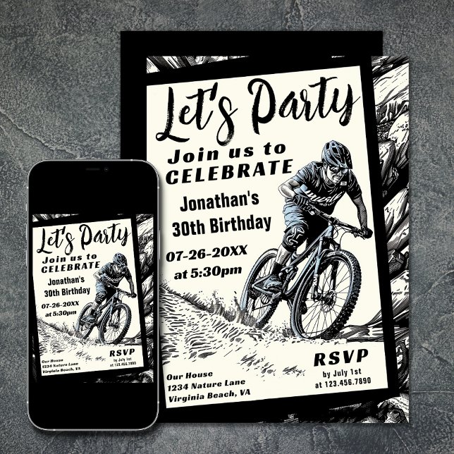 Convite Estilo de Desenho Moderno da Montanha Bike Anivers (Mountain Bike Modern Sketch Style Birthday Invitation)