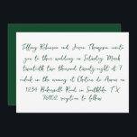 Convite Estilo de Escrita Manual Casamento Branco e Flores<br><div class="desc">Os detalhes do casamento estão listados em estilo manuscrito,  texto verde da floresta. O verso do convite é um verde florestal sólido com texto branco para a data.</div>