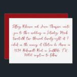 Convite Estilo de Escrita Manual Casamento Branco e Vermel<br><div class="desc">Os detalhes do casamento estão listados em estilo manuscrito,  texto vermelho. O verso do convite é vermelho sólido com texto branco para a data do casamento.</div>