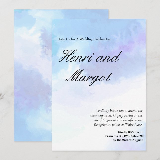 Convite Estilo de Letra Fluida com Aquarela Azul Pastel e  (Frente/Verso)
