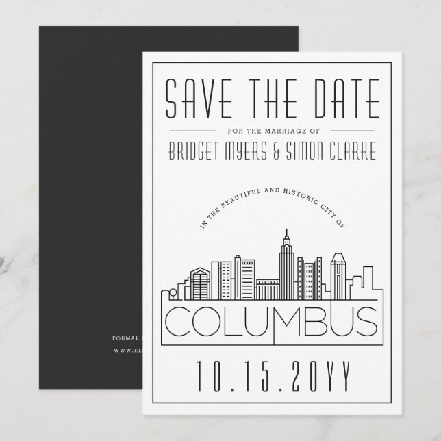 Convite Estilo Deco de Casamento em Columbus Skyline Save  (Frente/Verso)