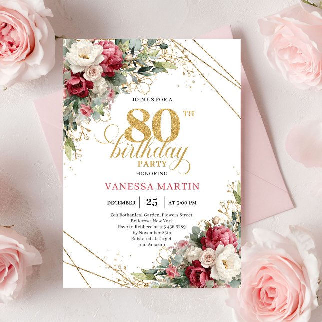 Convite Estilo floral verde branco Borgonha para 80º anive (Burgundy white floral greenery style 80th birthday invitation

)