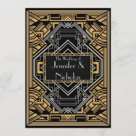 Convite Estilo Gatsby Preto, Dourado Falso e Arte Prateada