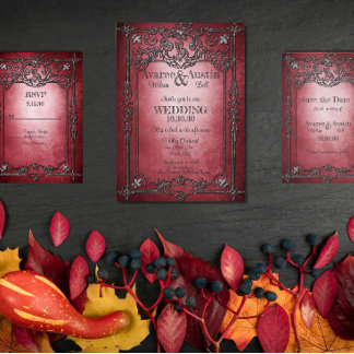 Convite Estilo Gótico Casamento Moldura Prata Burgundy Esc