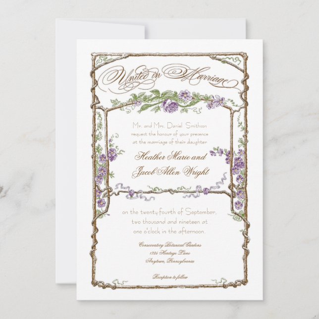 Convite Estilo Letterpress Vintage Faux Bois Trellis Roxo (Frente)