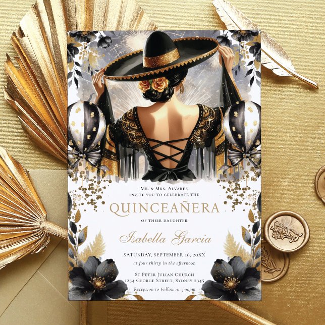 Convite Estilo Mexicano Dourado e Negro de luxo Quinceañer (Criador carregado)