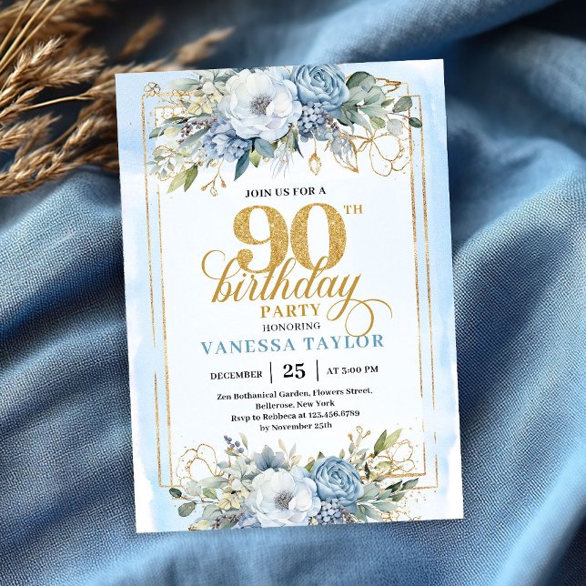 Convite Estilo ouro azul pálido requintado 90º aniversário (Exquisite pale blue gold style 90th birthday invite)