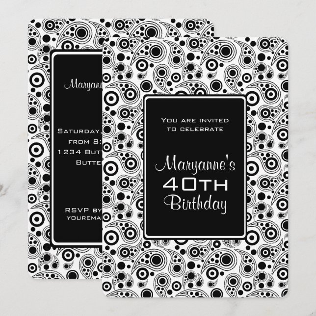Convite estilo paisley na moda preto e branco Aniversário (Frente/Verso)