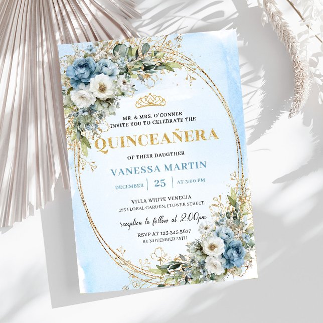 Convite Estilo Pastel Azul Dourado Eucalipto 15º Aniversár (Stylish Pastel Blue Gold Eucalyptus 15th Birthday Invite

)