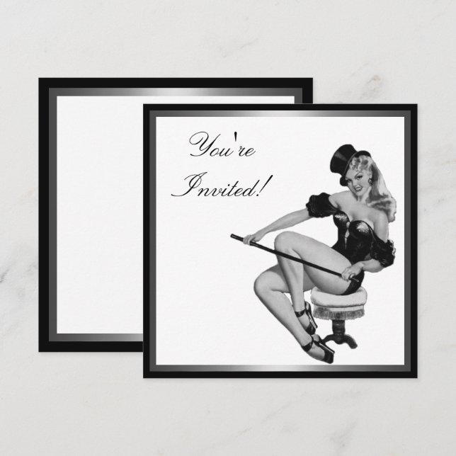 Convite Estilo Pin-Up Menina 5 Preto e Branco Prata (Frente/Verso)