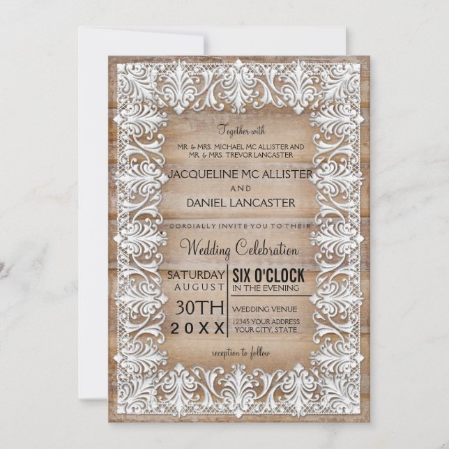 Convite Estilo Rustic Country Barn Lace n Wood Weding (Frente)